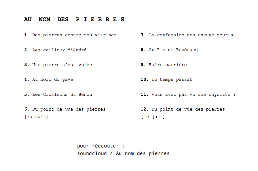 au nom des pierres, détail des pistes