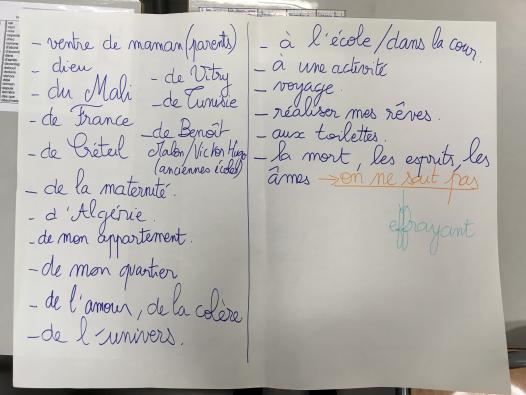 Quelques réponses recueillies : la colonne à droit "D'où je viens" ; à gauche "Où je vais"