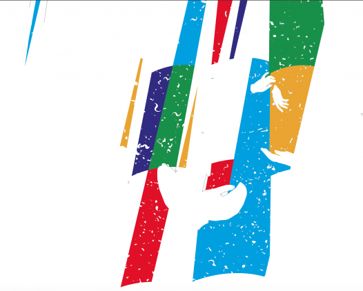 dessin bleu, vert, rouge, et ocre.