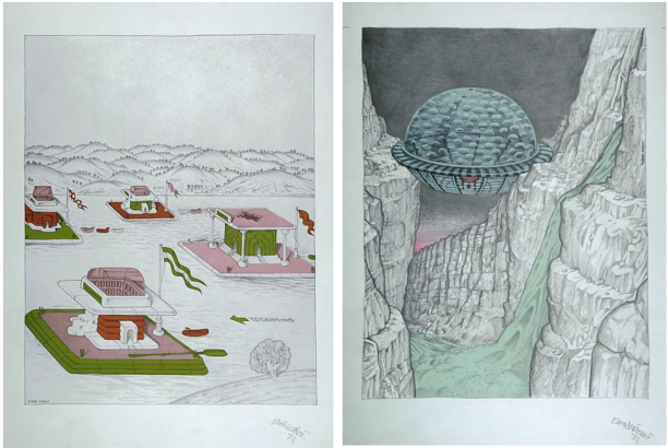 Collage d'inspiration, à partir d'oeuvres de différents artistes, Nigel Peake, Ethan Murrow et Shintaro Miyake.