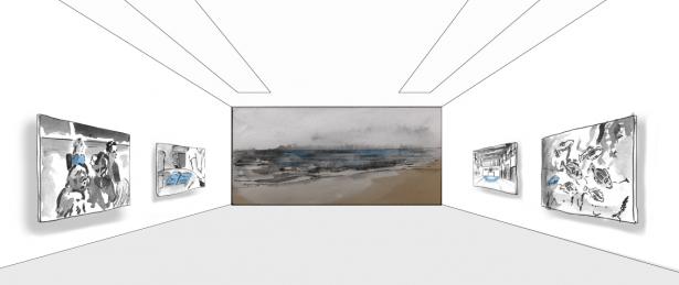 Il s'agit de l'installation telle que nous l'imaginons avec le film d'animation au centre et les toiles autour.