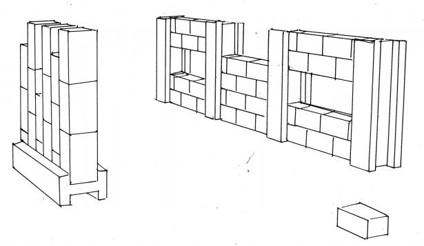 Dessin scannée. hypothèse de forme ou les matériaux et la mise en espace est mise en avant. matériaux des volumes imaginés: Ipn en bois, briques, parpaings ou polystyrène
