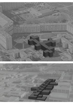 montage numérique. détourage d'architectures. Ici le Mirail à Toulouse et son Université. Le simple fait d’appliquer des a plats permet de cerner les volumes. ce sont ce type de formes que je pense produire.