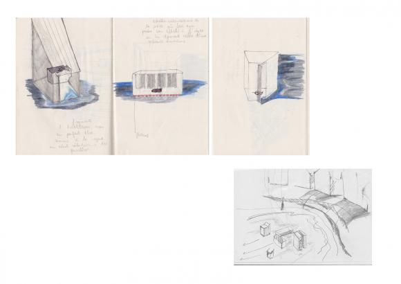 Esquisses de structures flottantes contenant les objets trouvés sur l'île. Leur taille reste environ la même (de 80 à 200 cm de haut) mais les éléments d'architecture qu'elles reprennent sont représentés à des échelles diverses, créant un jeu de dissonnances.