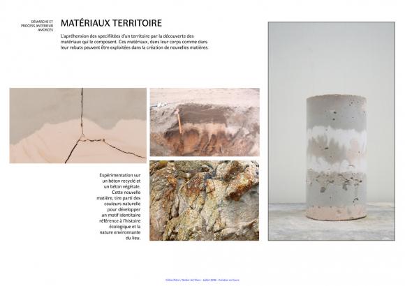 L’apréhension des specificitées d’un territoire par la découverte des matériaux qui le composent. Ces matériaux, dans leur corps comme dans leur rebuts peuvent être exploitées dans la création de nouvelles matières.