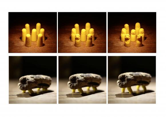 Cette planche présente les possibilité d'animation d'objets grâce à des matériaux à mémoire de forme ( ici des bouchons d'oreille) En haut des visages apparaissent grâce à une technique simple de moulage. En bas le bout de bois se...