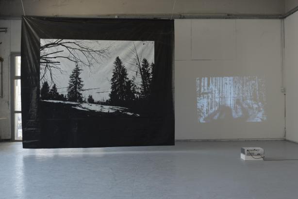 Photo d'une installation avec l'une des grande sérigraphie.