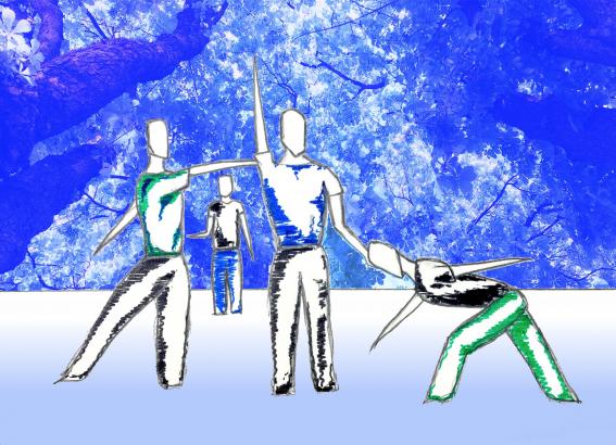 Croquis de la pièce chorégraphique The river, avec les quatre interprètes de la pièce. Ceci est une vue d'artiste, une projection onirique, un aperçu des mouvements et situations que l'on pourra retrouver dans la pièce.