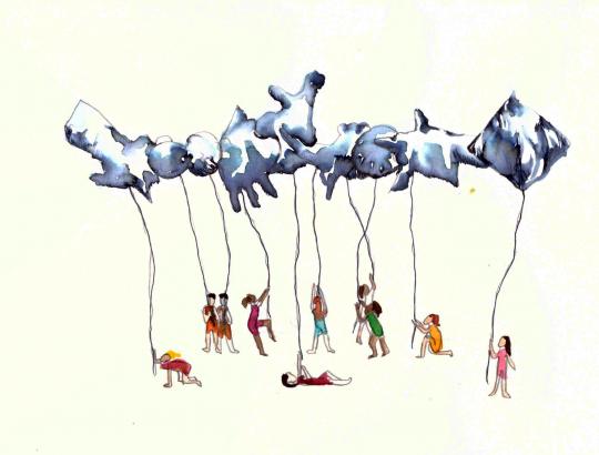 Chaque élève imaginera la symbole de « lien ». Ensuite, on va réaliser ces formes en ballon gonflé à l'hélium. Et on va faire la performance avec ces ballons dans la ville.