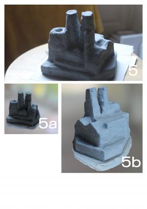5- petite sculpture réalisée en polystyrène expansé et en bande plâtrée 5a, 5b – Vues de la représentation numérique de cette même sculpture après compilation des différentes prises de vue dans le logiciel PhotoScan.