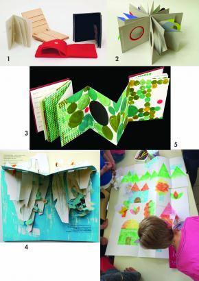 Inspirations et références : 1 - "Les livres illisibles" de Bruno Munari, 2 - "Dans tous les sens", de Milos Cvach, 3 - "Le petit chaperon rouge", livre tactile des éditions Les doigts qui rêvent, 4 - "Océano" d'Anouck Boisrobert et Louis...