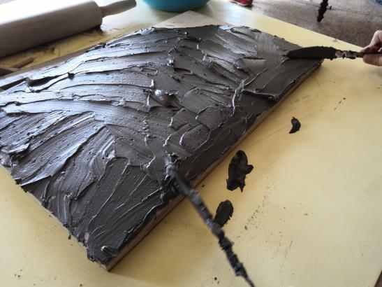 Création en cours, projet Pâtissez-tapissez ! Atelier Mille-feuille, école Lou Malhoulet, Le Pouget.