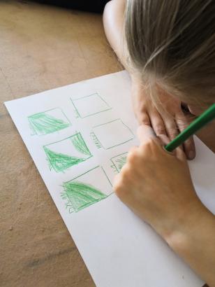 Création en cours, projet Pâtissez-tapissez ! Atelier Mille-feuille, école Lou Malhoulet, Le Pouget.