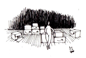 Etienne A. au milieu des cartons
