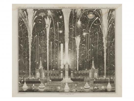 Jan Caspar Philips, Fireworks illuminating structure erected in the Hague to celebrate Peace of Aix-la-Chapelle, 1749
