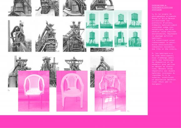 Planche de références du projet : travail photographique des Becher et projet du designer Ernesto Oroza
