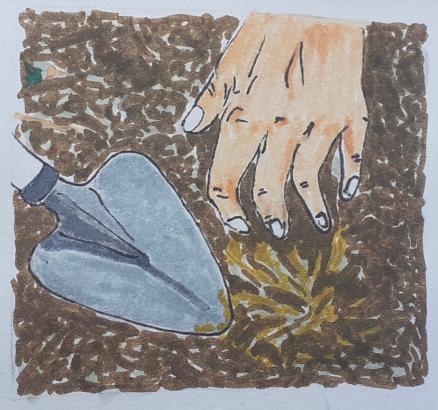 Dessin: main et truelle creusant la terre