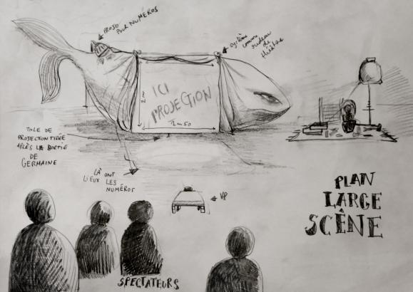 Croquis de la scène, plan d'ensemble.