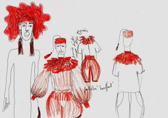 Esquisses du costume rouge de la série Après la pluie