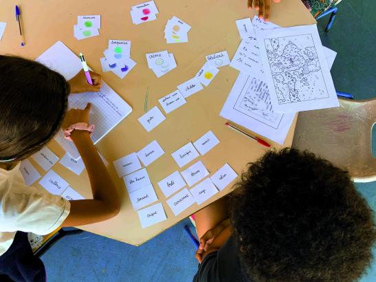 Un.e scribe prend note des phrases qu’à tour de rôle ses camarades forment avec les cartes