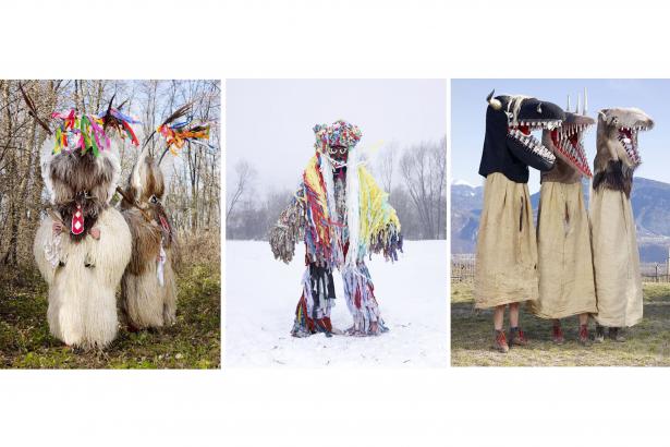 Wilder mann, Charles Fréger, 2010-2011. De gauche à droite : Kurenti du carnaval de Ptuj en Slovénie, Macinulla du nouvel an de Cisiec en Pologne, Schnappviecher dans la région du Tyrol en Italie. Crédit photo Charles Fréger.