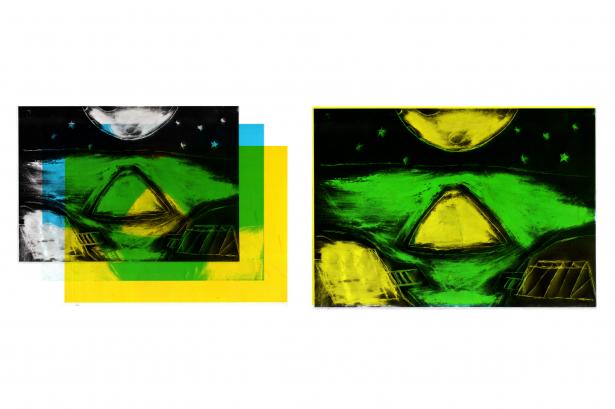 Dessin gratté de Deven, transparents et toner de photocopieur ( Noir, Cyan et Jaune). 