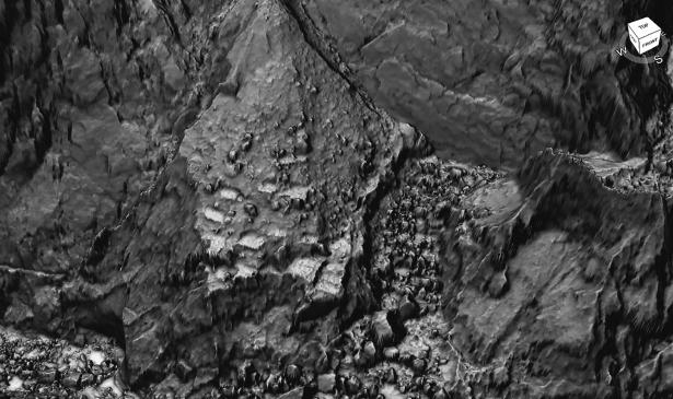 Relevé LiDAR qui rend visibles les aménagements de l'ancien village de Mafatte-Les-Eaux disparu avec l'éboulis de 1913. DAO : J. Vidal (SRA de La Réunion).