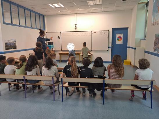 Moment solennel pour l'élection du maire : toute la classe est rassemblée face aux affiches des candidats.