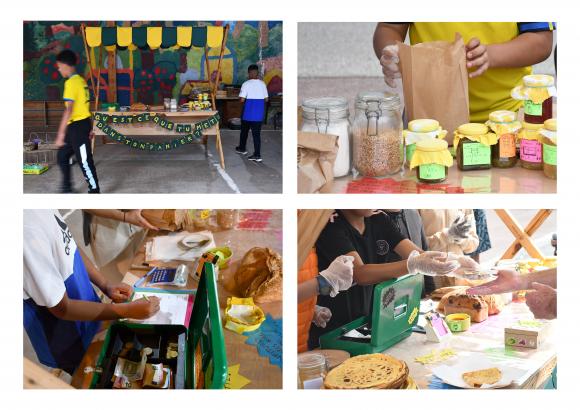 Exposition et présentation du projet sur le marché de Pont-de-Chéruy sur un stand qui a été pensé par les enfants. Exposition/Présentation les 6,7 et 9 juin 2024