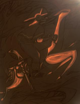 plaque de gravure en cours de réalisation avec le croquis et les partie gravées translucides