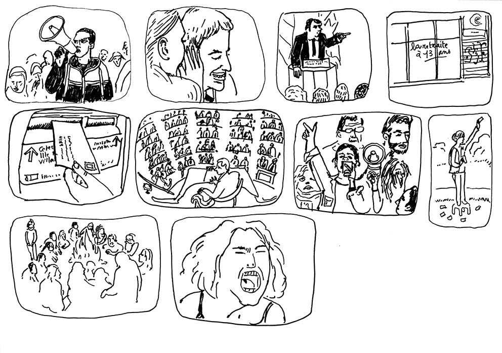 Dessin assemblant différents dispositifs d'expression (chuchotement à l'oreille, cri, discussion de groupe, mégaphone, pupitre, etc.)