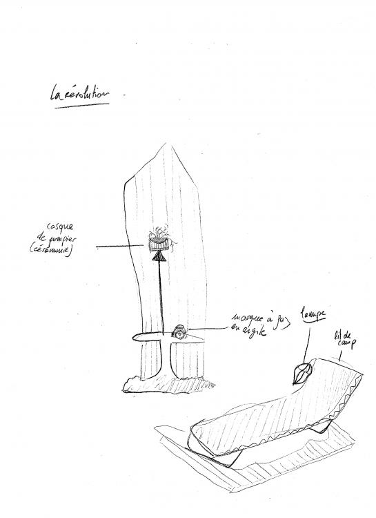 La révolution", croquis préparatoire pour la quatrième installation de la série "Gnose et autres savoirs", dont le point de départ est ici un casque de cérémonie de pompier. Réalisation actuellement en cours.