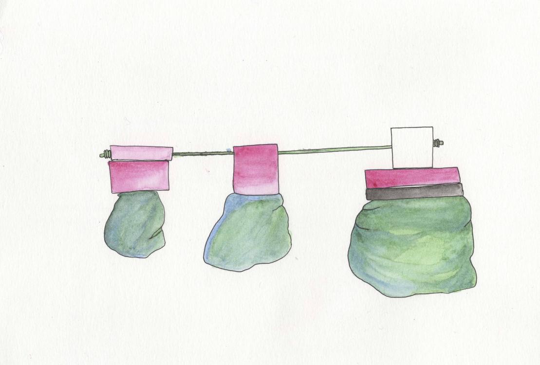 Croquis, aquarelle, format A4, 2018, recherche autour de lestes en latex et d'assemblages