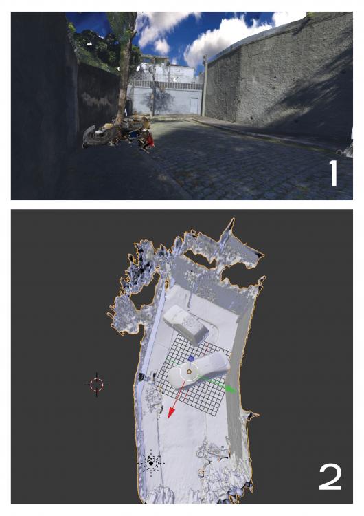 1-maquette de prévisualisation d'une rue modélisée par photogrammétrie,  2-vue de dessus du projet de rue modélisée, dans le logiciel Blender,