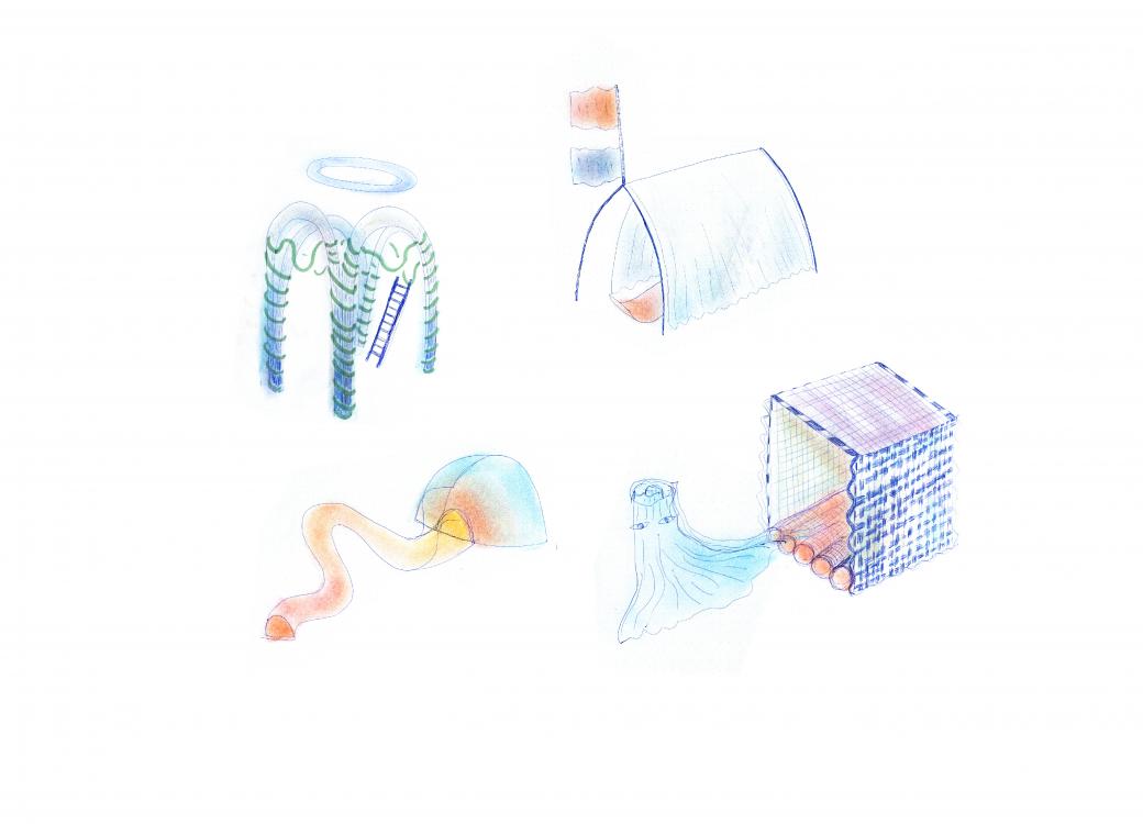 poésie image abri textile architecture microarchitecture tissu vannerie designer design recherche projet création en cours ateliers médicis crayon de couleur pastel bic 
