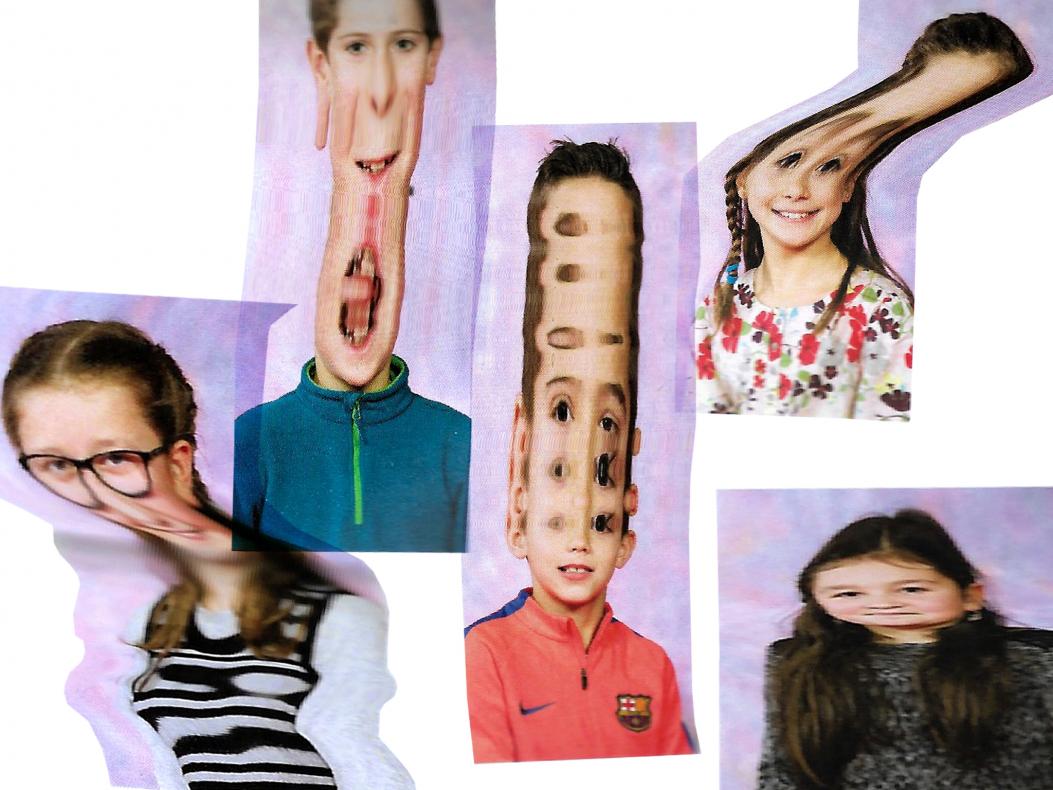 Clin d'œil aux futures séances d'esprit critique : déformation des photos de certains élèves (réalisées au scanner lors du 1er atelier) pour commencer à leur montrer que l'informatique peut parfois déformer la réalité.
