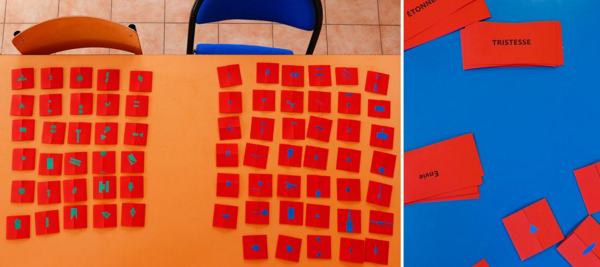 Préparation pour la pioche mystérieuse - bleu:  ressenti (pour la classe1) - vert: tribus sensibles (pour la classe2)
