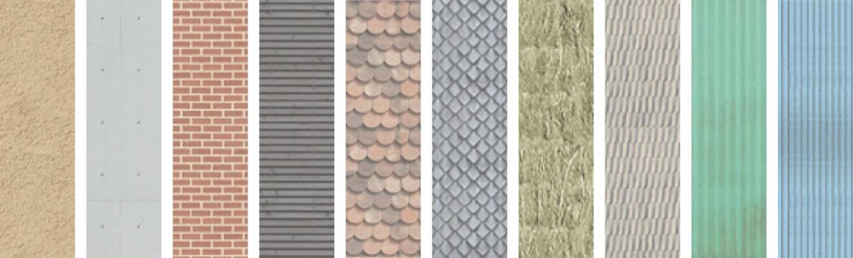 Terre, béton banché, brique, bardage bois brûlé, tuile de céramique, zinc, paille, tuile de bois, tôles pliées.