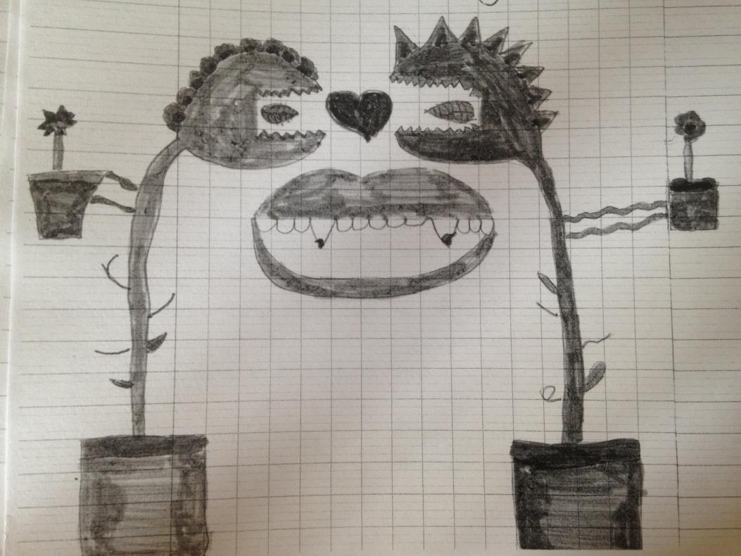 Dessin d'élève (plantes cannibales quoiqu'amoureuses)