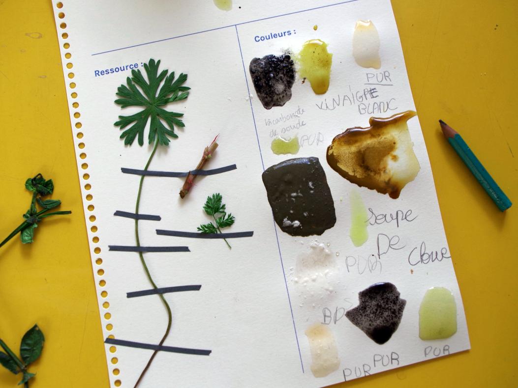 Les enfants testent leurs encres sur leur carnet de recherches