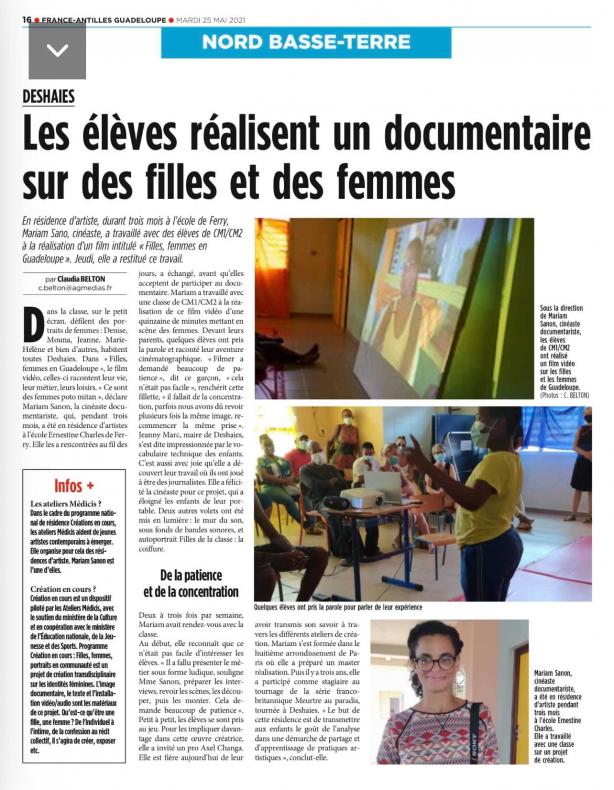 Article de journal publié à France Antilles le 25 mai 2021