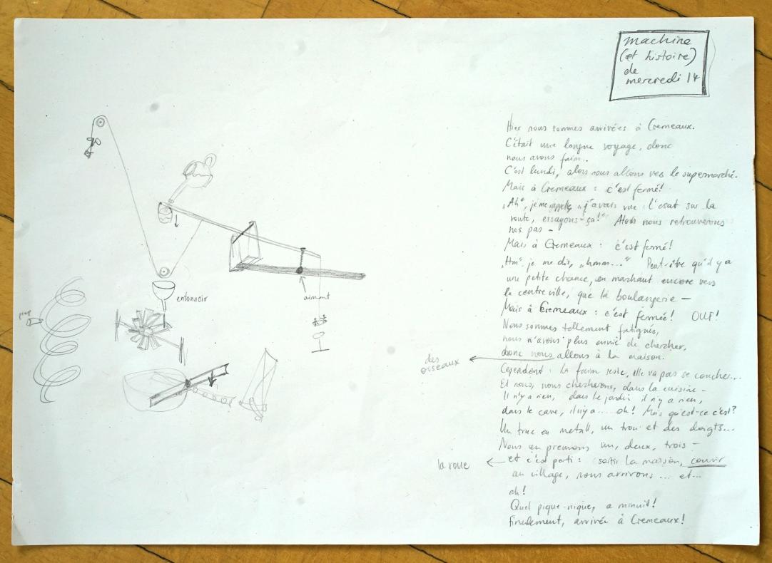 dessin d'une machine et histoire courte d'une arrivée dans le village de Crémeaux