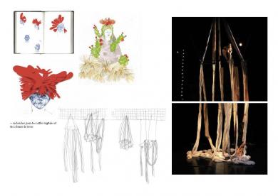 exemple de dessins préparatoires, d'études, de recherches pour les parures, les costumes et les installations dans l'espace