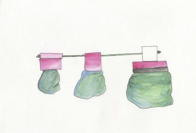 Croquis, aquarelle, format A4, 2018, recherche autour de lestes en latex et d'assemblages
