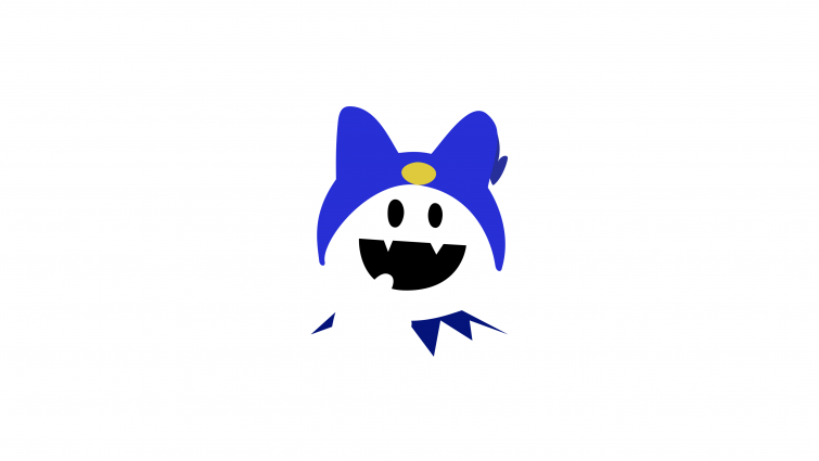 personnage fantomatique souriant avec un bonnet bleu à cornes 