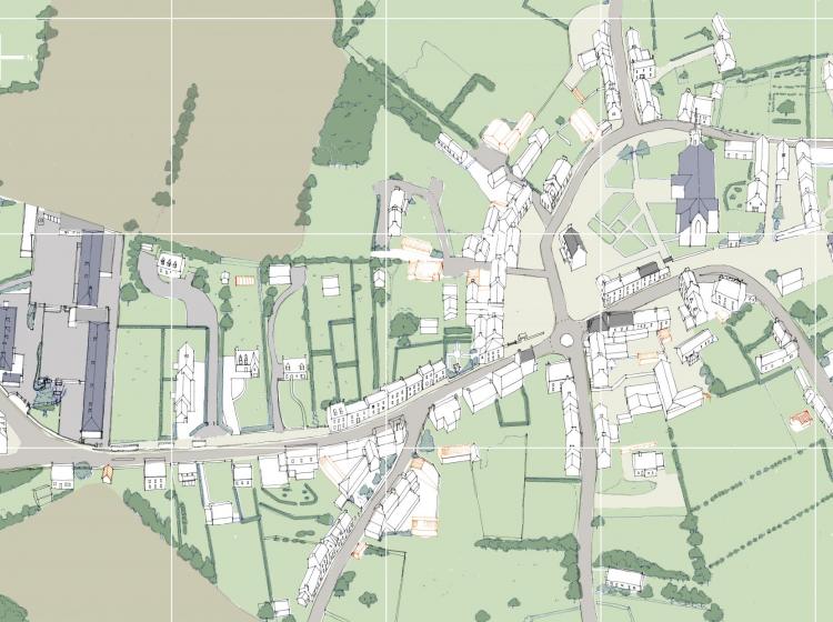 L'école à gauche du dessin, reprérable à ses grandes cours de récréation goudronnées. Autour, les champs, les haies et talus bocagers, le bourg et son église...