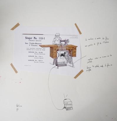 proposition de dispositif scénique, machine à coudre à pédale connectée à un vidéoprojecteur, en activant la machine, les images défilent.