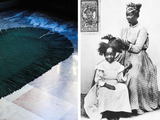 CHIVE - à traduire en français « cheveux ». C’est un tapis tissé de nos mains qui illustre la célèbre histoire d’une image ancienne des Antilles "La coiffure de Man Yaya". C’est une scène de vie créole populaire, illustrant les rituels de coiffure des jeunes filles. Les multiples beautés du cheveu crépu sont racontées par les états de matières du tapis.