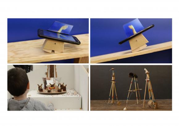 Cette planche rassemble différents dispositifs mécaniques qui pourraient être utilisés: en haut :animal/téléphone/hologramme qui se déplace par effet de bascule . En bas à gauche, un parxinoscope avec sculptures de bois qui produit une...