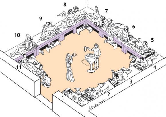 Image de référence, Un triclinium (dérivé du grec κλινη (Klinê), c'est-à-dire « lit de table ») désignait généralement chez les Romains la salle de réception ou salle à manger d'une domus, comportant une table et des lits de...